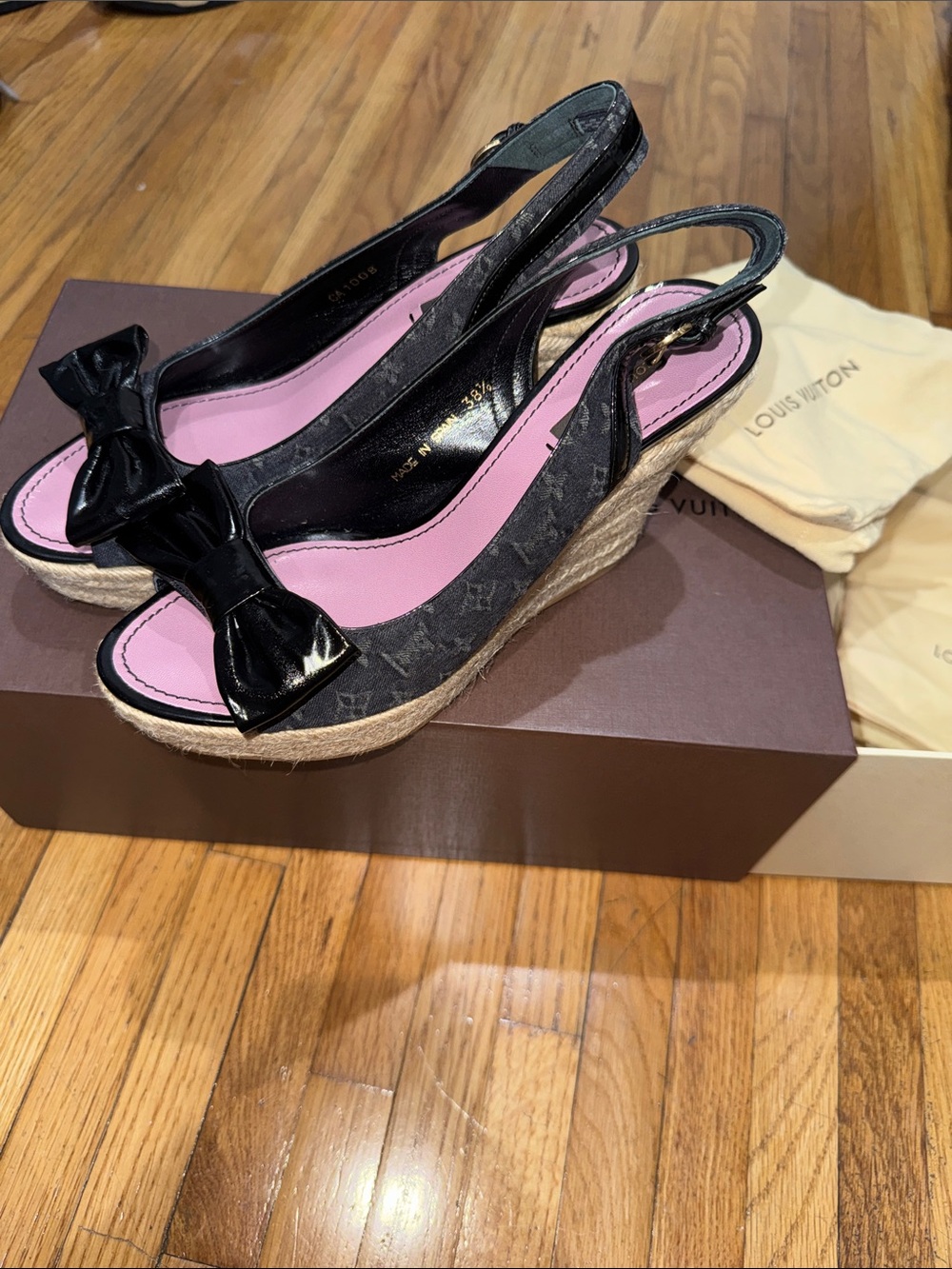 Louis Vuitton Black Monogram Canvas Bow Espadrille Wedges with Pink Insole